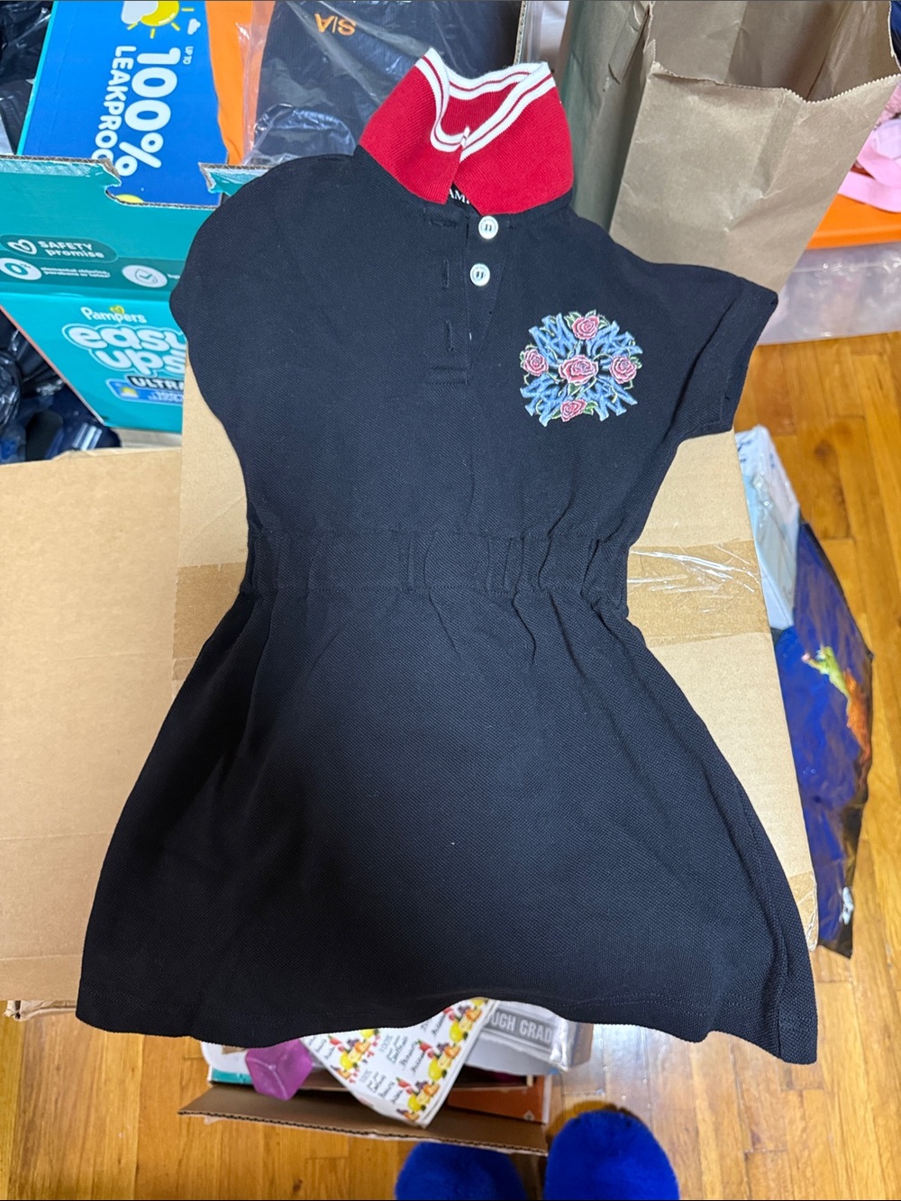 AMIRI Black Polo Dress with Red Collar and Floral Embroidery